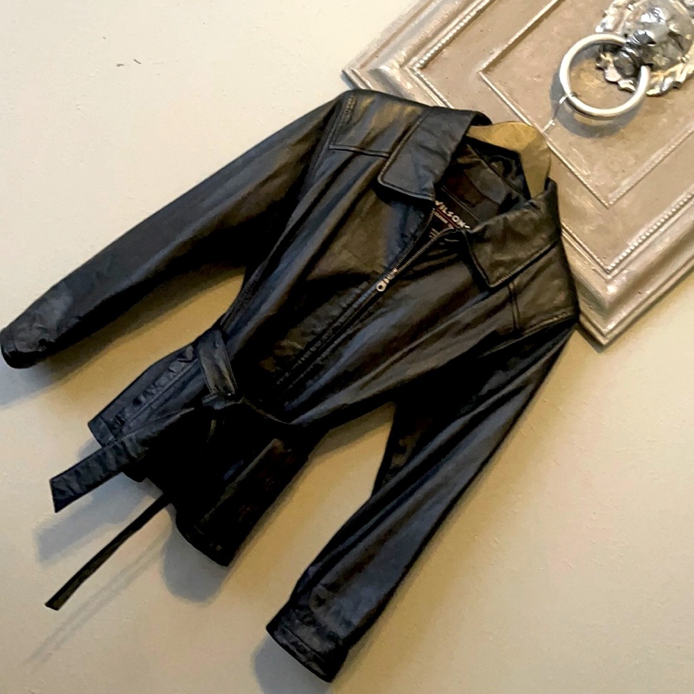 Wilson Leather)Women's Black Leather Jacket. Tie Belt.